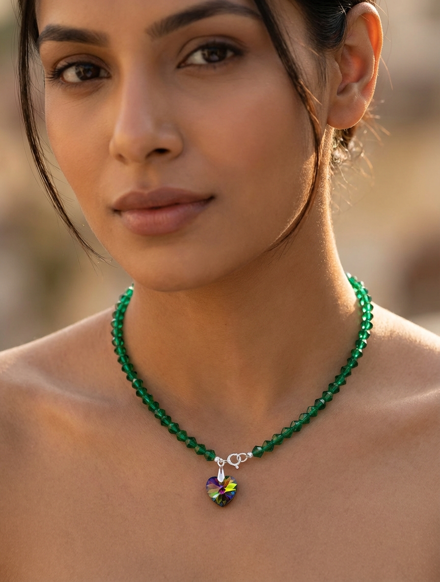 Cadena chocker cristal verde con corazón verde - Miniatura 2