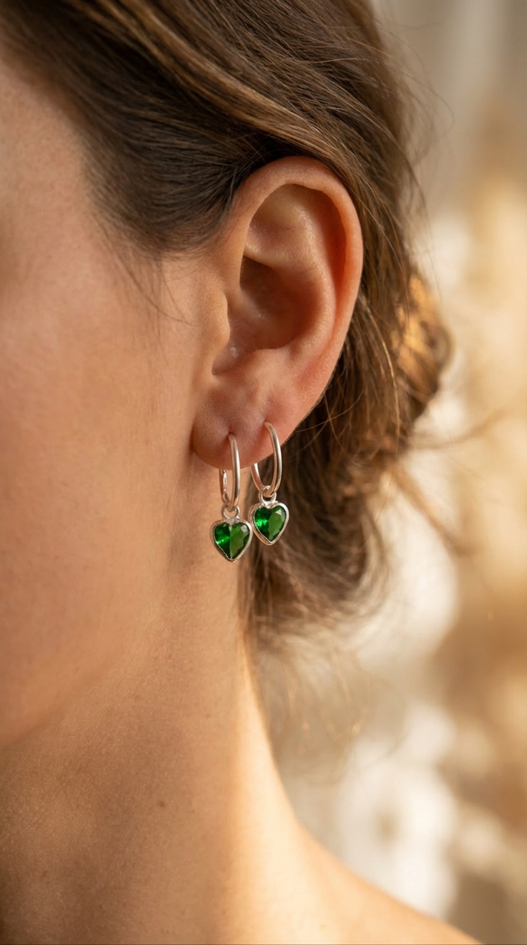 Aros Plata corazón verde - Miniatura 2