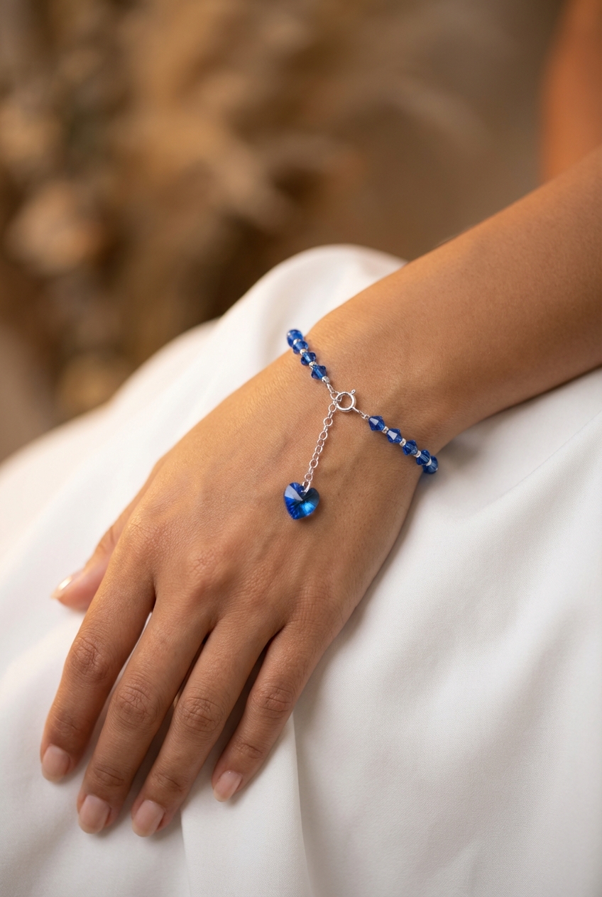 Pulsera cristal azul medio con corazón - Miniatura 2