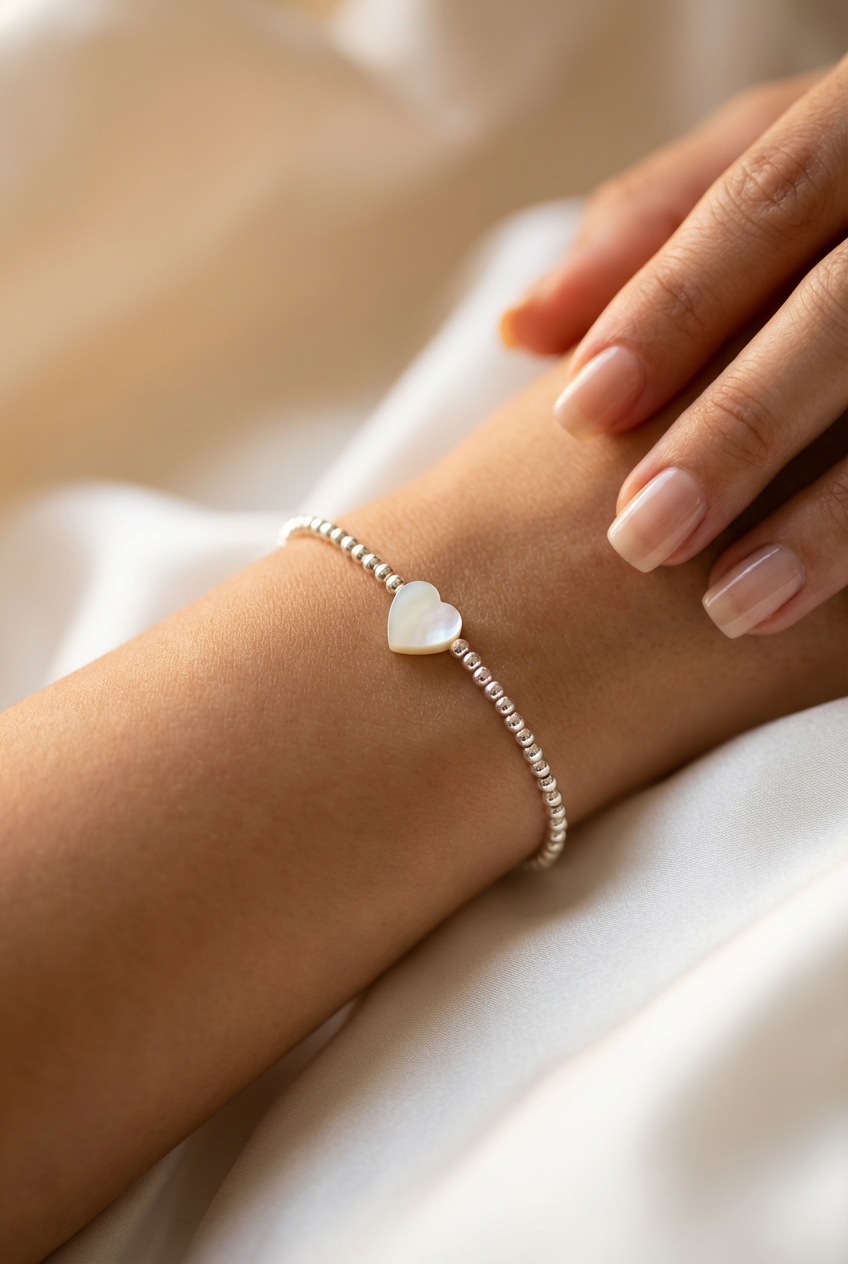 Pulsera Bolitas de Plata y corazón de Nácar - Miniatura 2