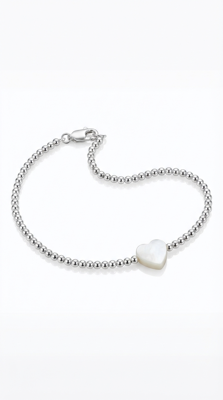 Pulsera Bolitas de Plata y corazón de Nácar