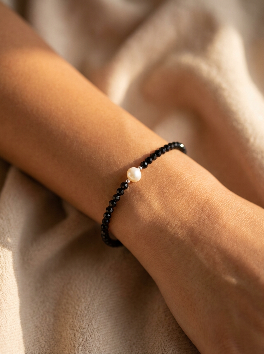 Pulsera cristal negro con 1 Perla Natural - Miniatura 2