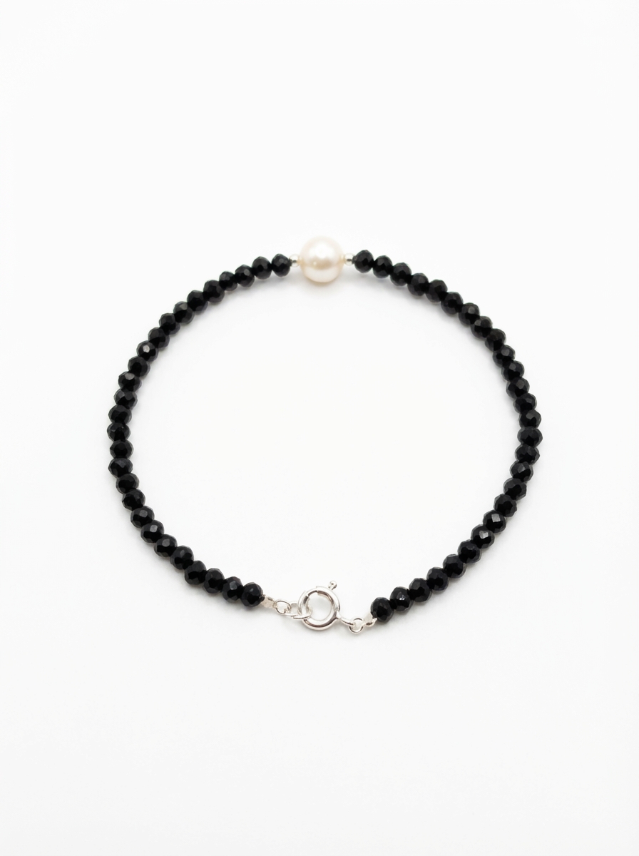 Pulsera cristal negro con 1 Perla Natural