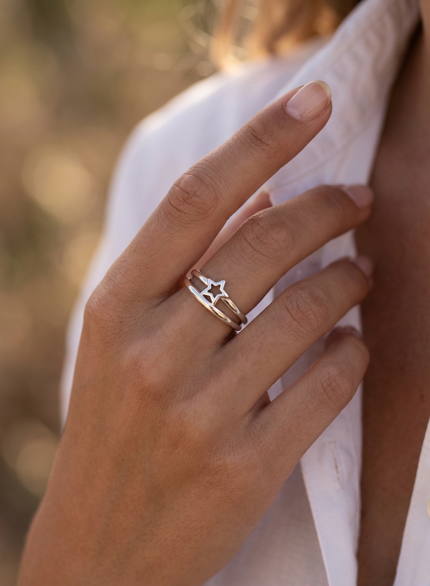 Anillo liso doble con estrella - Miniatura 2